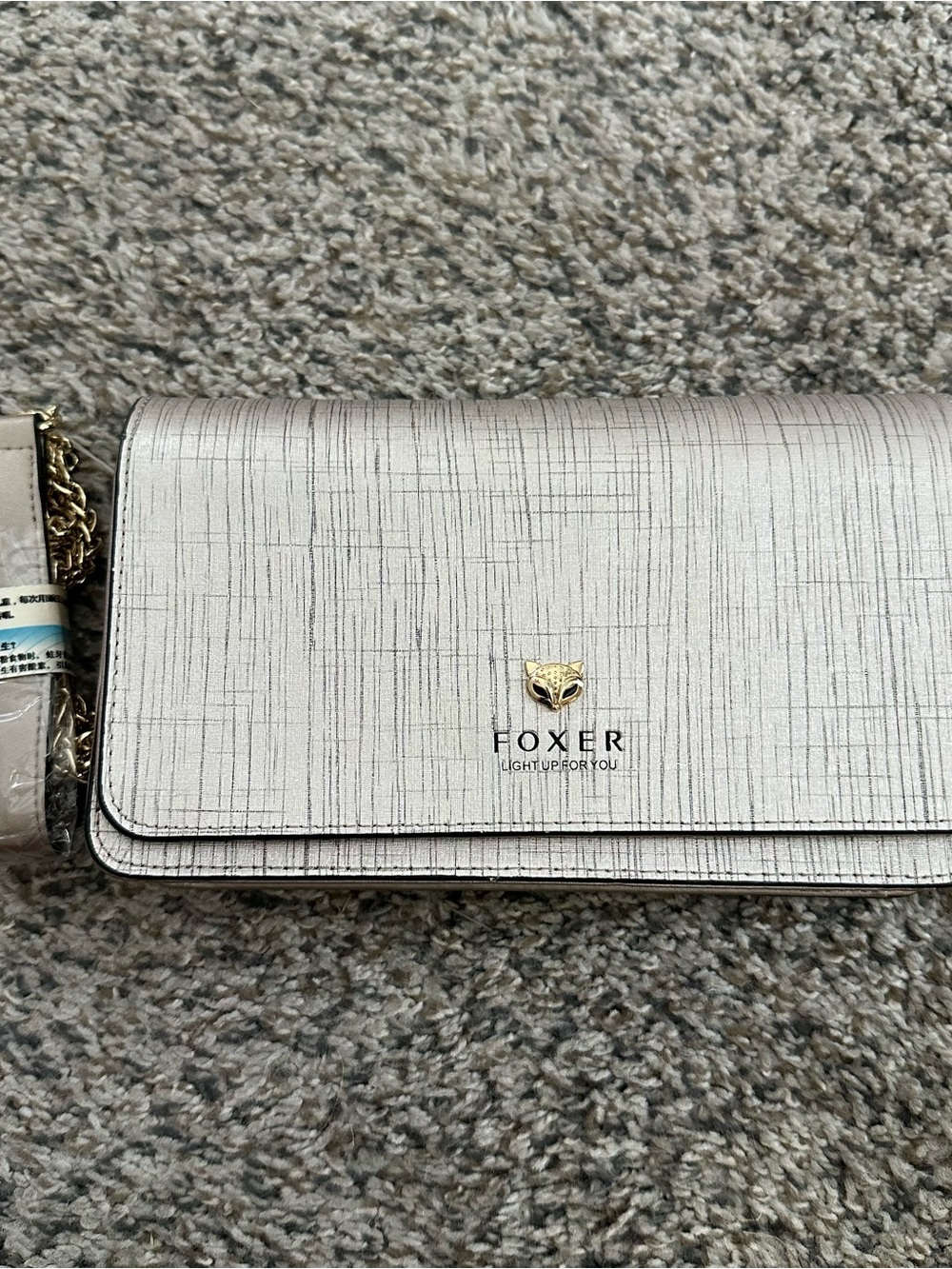 FOXER Wallet on Chain Crossbody Clutch Gray Gold Chain Purse NWT